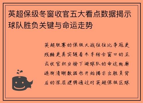 英超保级冬窗收官五大看点数据揭示球队胜负关键与命运走势 英超保级冬窗收官五大看点数据揭示球队胜负关键与命运走势